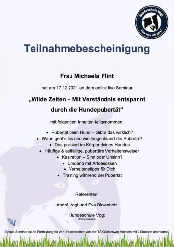 Teilnahmebescheinigung Michaela Flint - Vogz - Pubertät